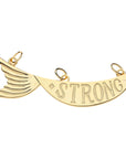 Back of gold keep swimming fish features the word STRONG
