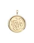 Back of gold heart coin features the word "Love" with arrow detail