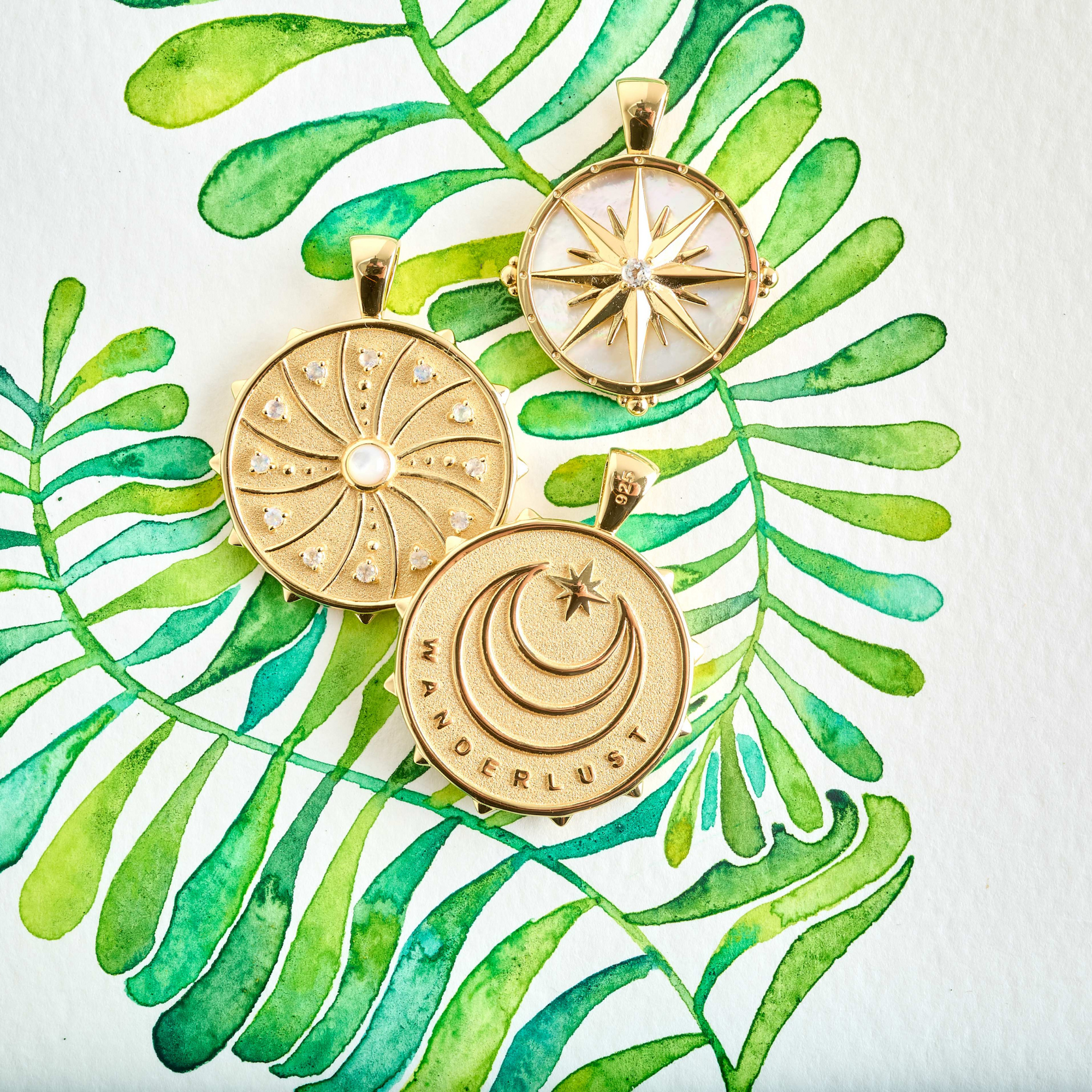 Stylized shot of gold coins with watercolor leaves
