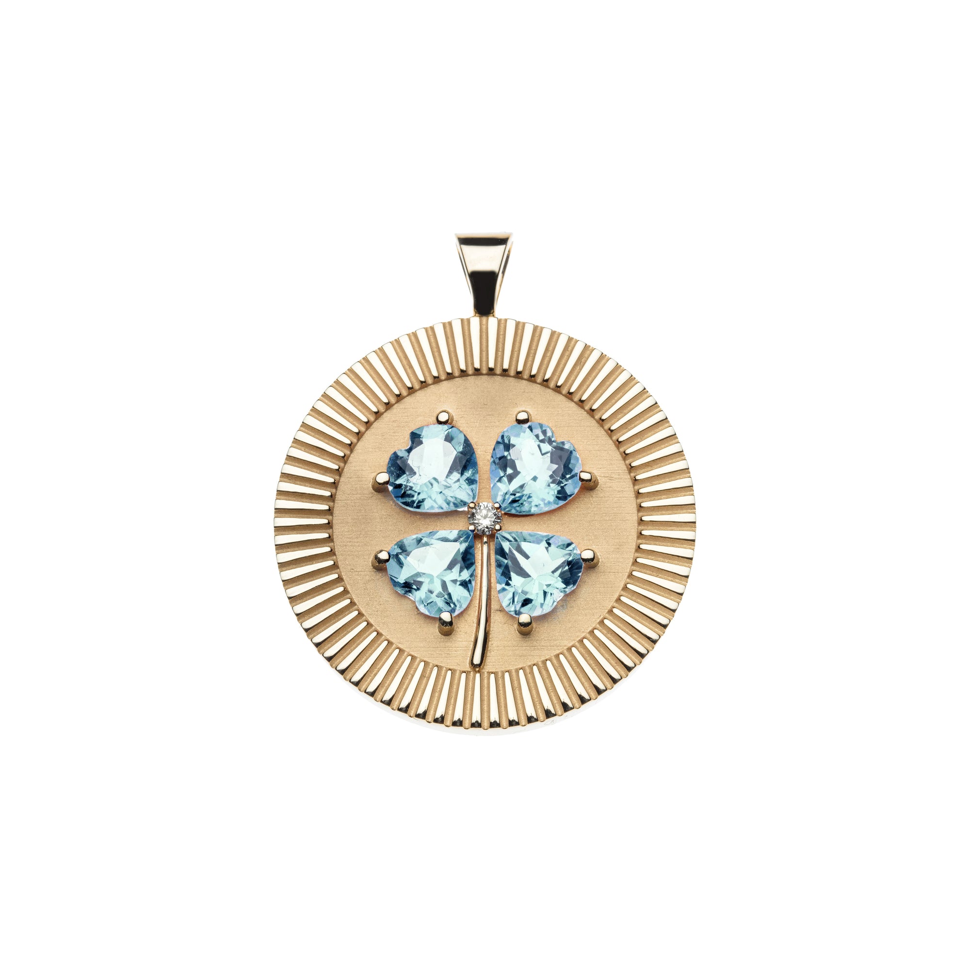 Gold lucky coin pendant with 4 leaf clover made of sky blue topaz stones