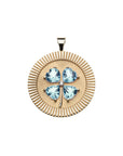 Gold lucky coin pendant with 4 leaf clover made of sky blue topaz stones
