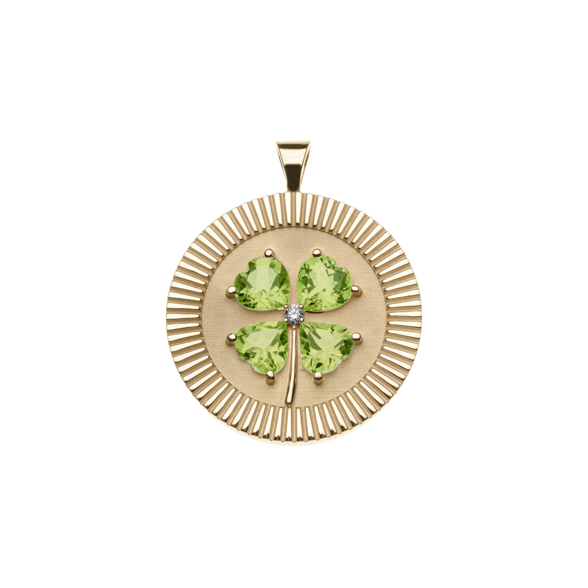 Gold lucky coin with 4 leaf clover of peridot stones