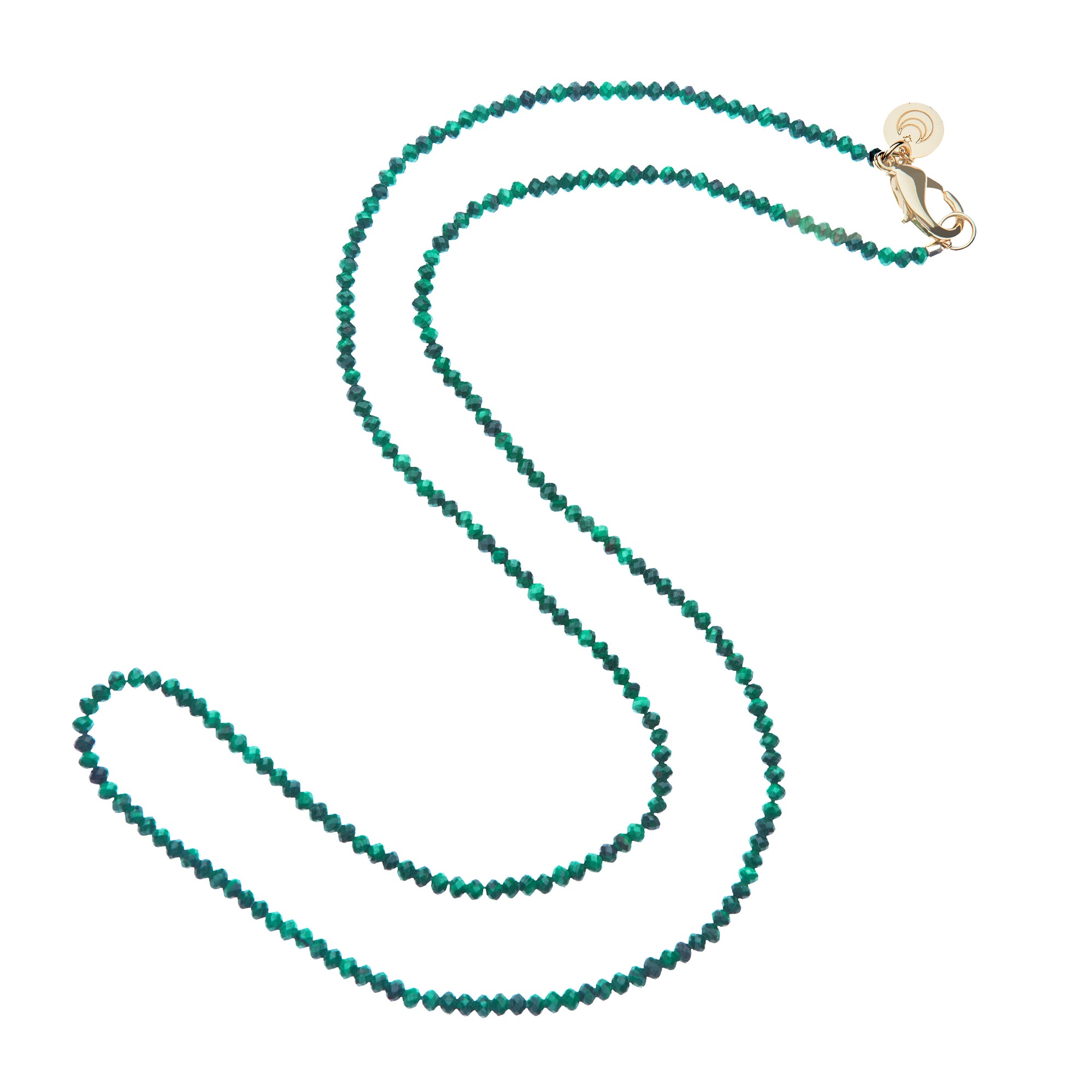 Beaded necklace with malachite beads and oversized gold lobster clasp