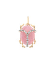 Pink jade carved scarab pendant with aquamarine accents and gold legs and bail
