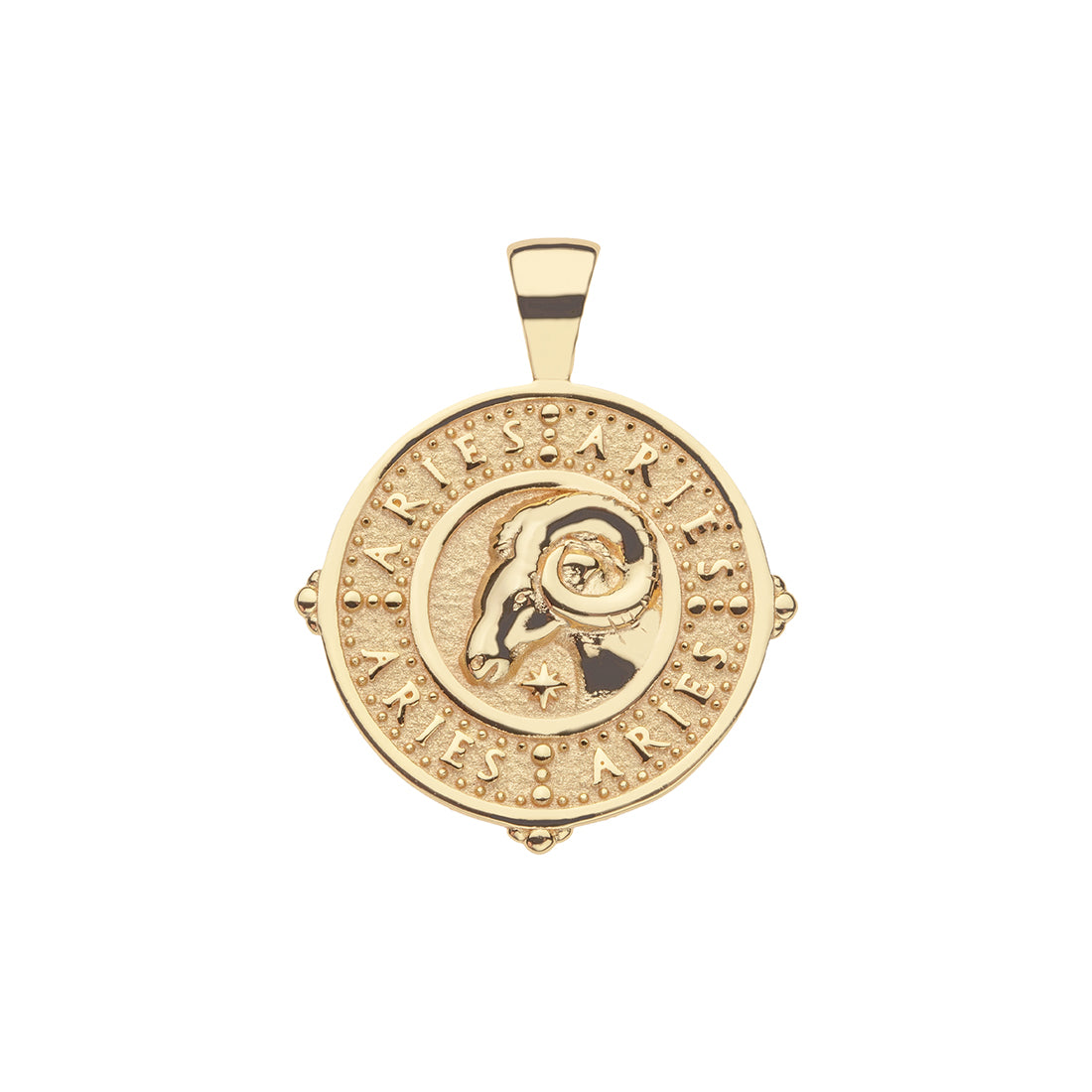 Gold original Aries coin pendant featuring a ram in the center with the word "Aries" repeated around the border