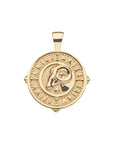 Gold original Aries coin pendant featuring a ram in the center with the word "Aries" repeated around the border