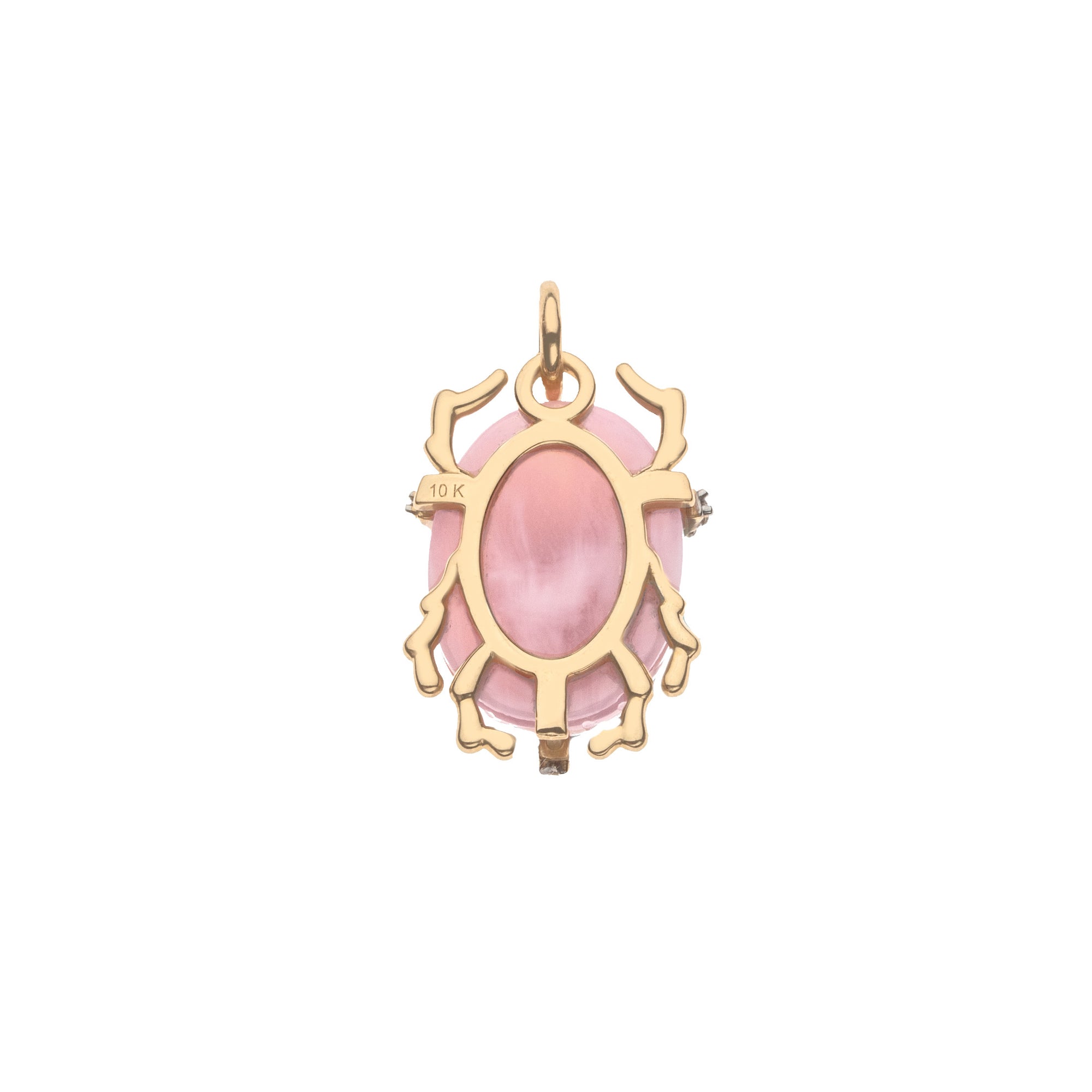 Back view of pink jade scarab shows gold legs and setting