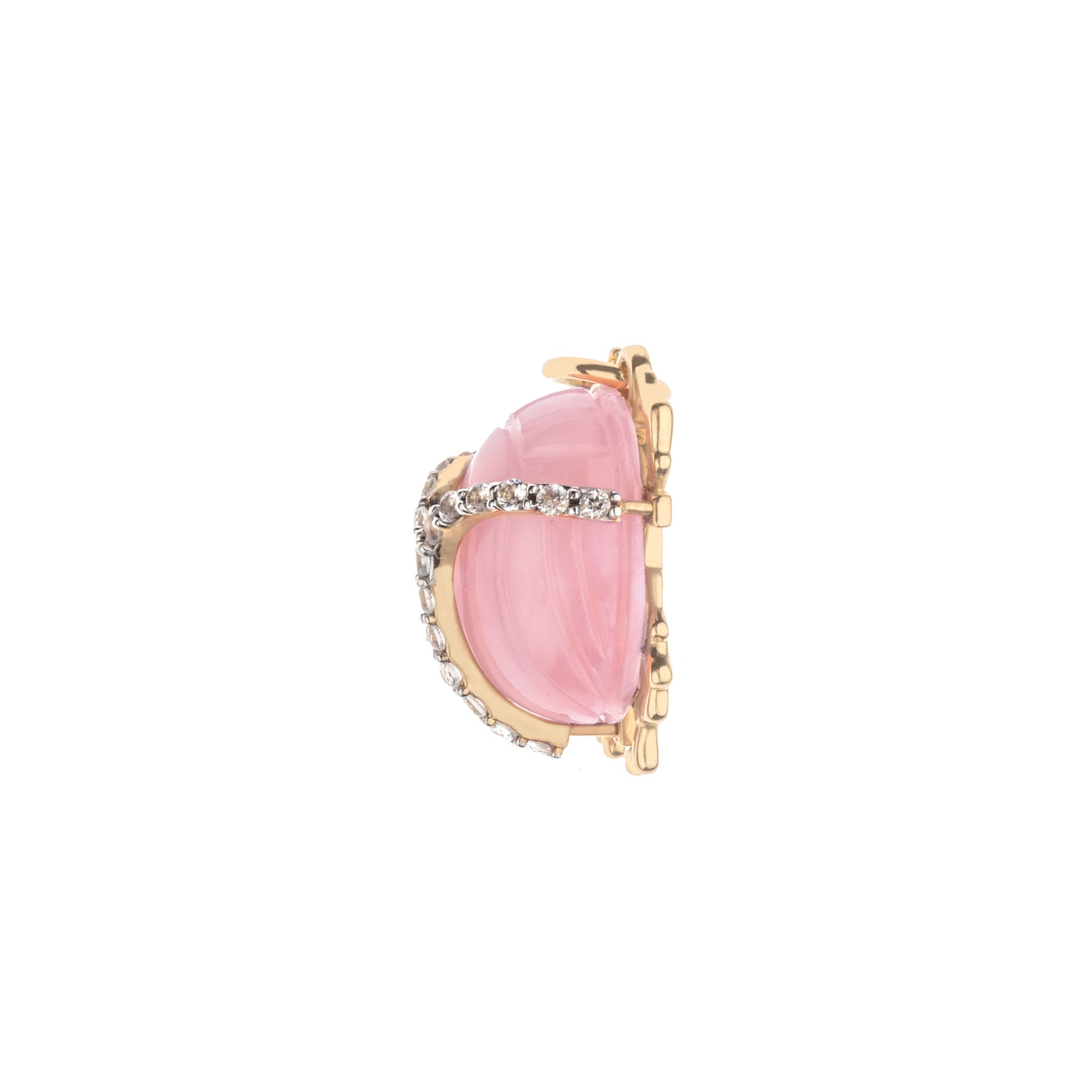 Side view of pink jade carved scarab pendant