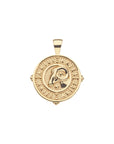 Gold small Aries coin pendant featuring a ram in the center with the word "Aries" repeated around the border
