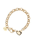 Gold chunky rolo bracelet with puffy heart detail next to the clasp.