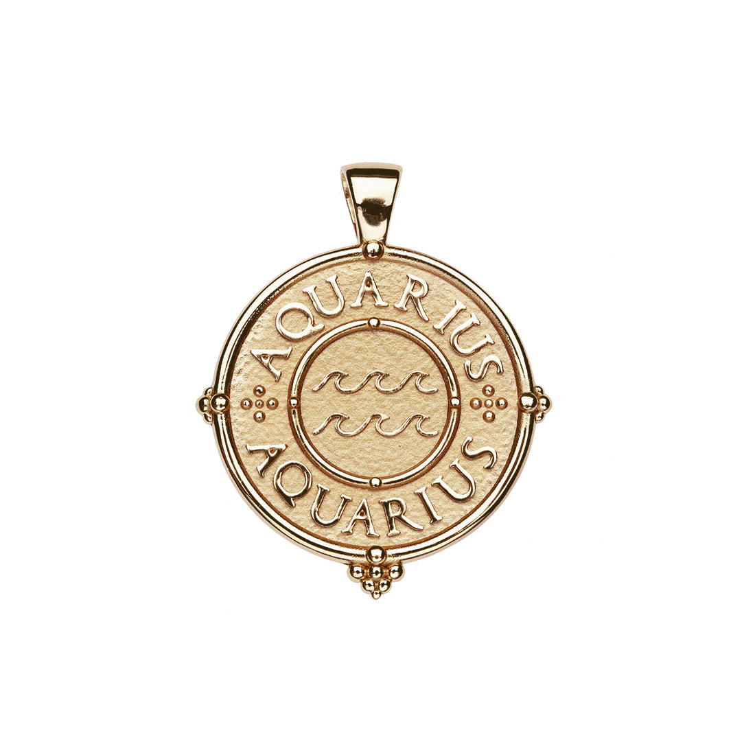 Gold original Aquarius coin pendant featuring the word "Aquarius" twice along the border with waves in the center