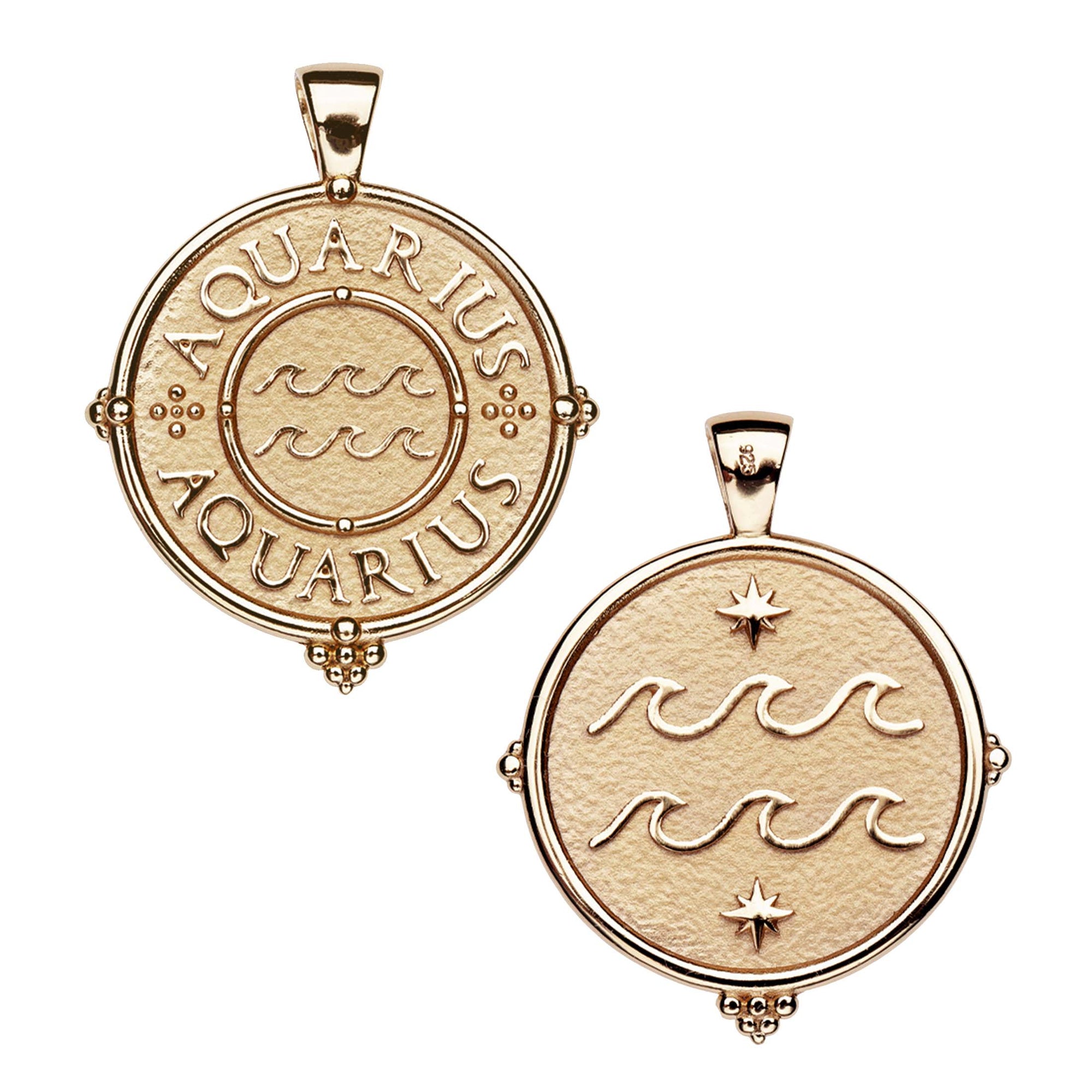 Gold original Aquarius coin pendant featuring the word "Aquarius" twice along the border with waves in the center on one side and waves and stars on the other side