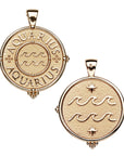 Gold original Aquarius coin pendant featuring the word "Aquarius" twice along the border with waves in the center on one side and waves and stars on the other side