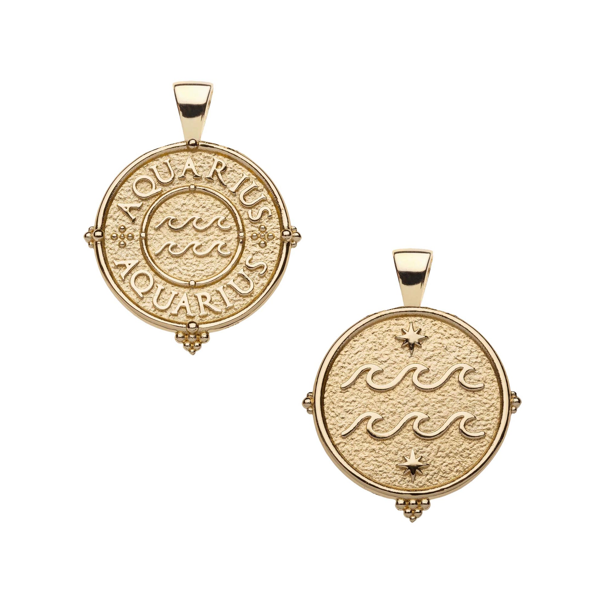 Gold small Aquarius coin pendant featuring the word "Aquarius" twice along the border with waves in the center on one side and waves and stars on the other side