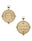 Gold small Aquarius coin pendant featuring the word "Aquarius" twice along the border with waves in the center on one side and waves and stars on the other side