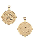 Gold small Aries coin pendant featuring a ram in the center with the word "Aries" repeated around the border on one side and the Aries constellation with "Aries" underneath on the other side