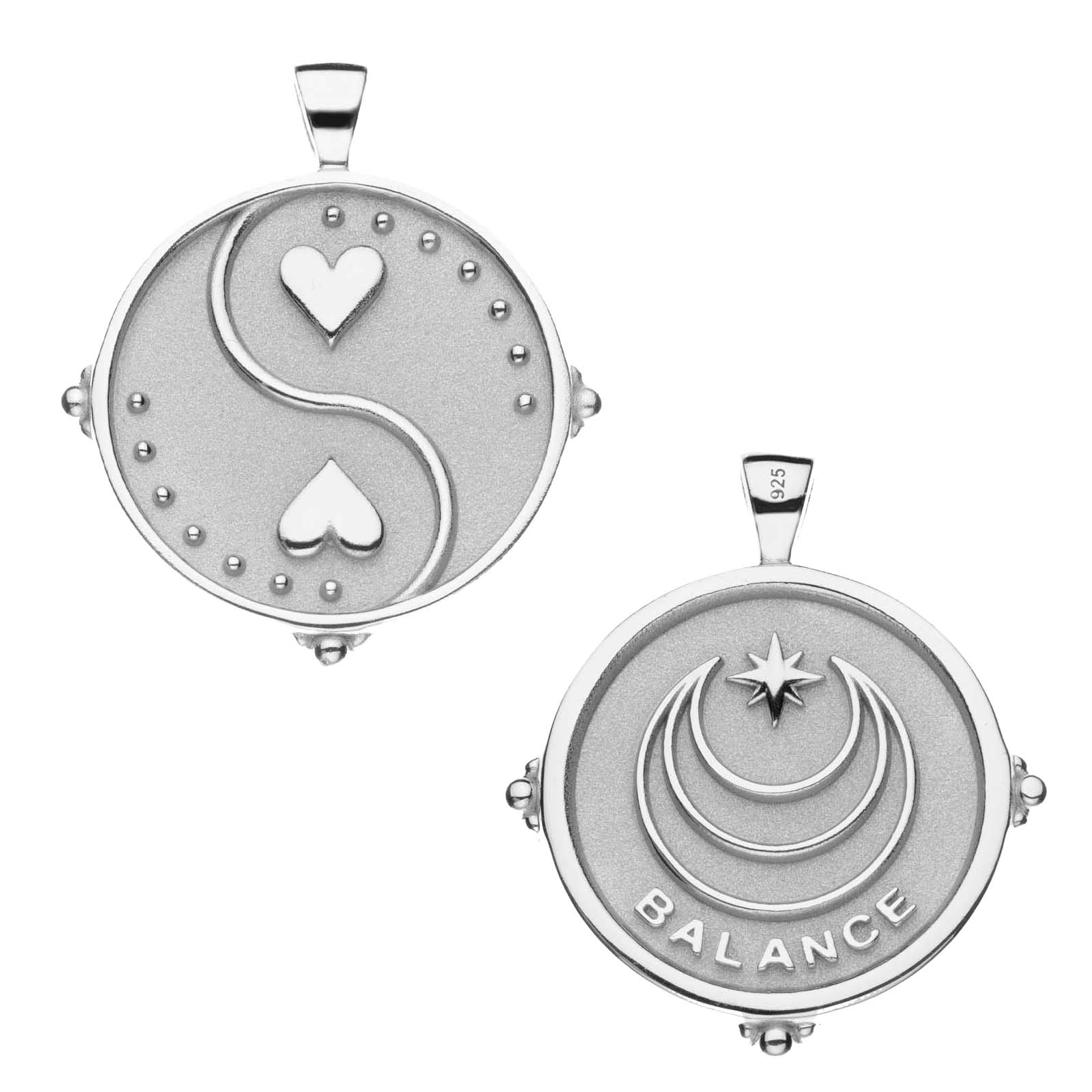 Silver Coin with Yin and yang of hearts (Front), Moon and Star Logo with word BALANCE beneath (back)