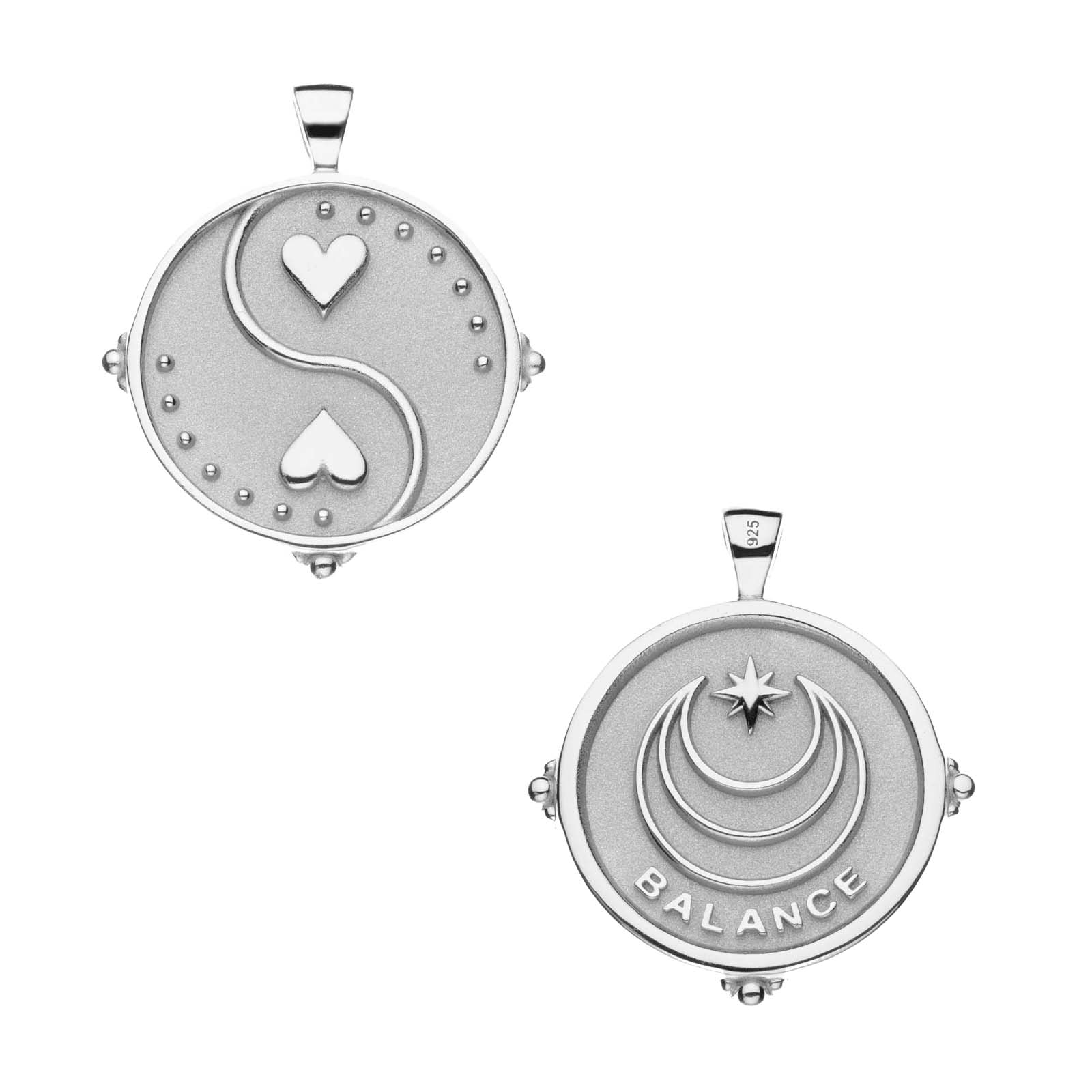 Silver Small Coin with Yin and yang of hearts (Front), Moon and Star Logo with word BALANCE beneath (back)