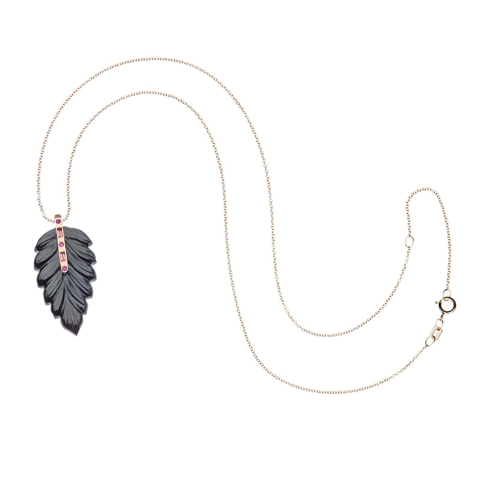 Carved onyx feather pendant on 10 karat adjustable chain