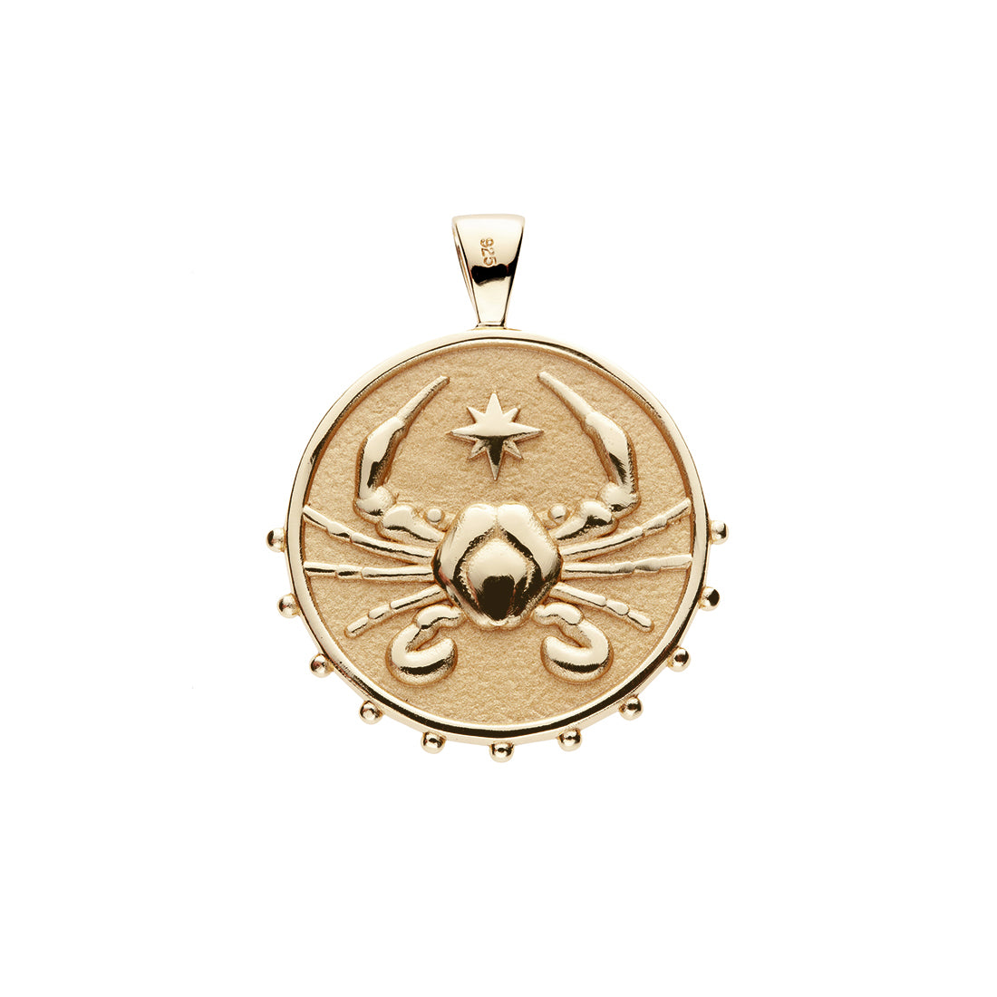 Gold original Cancer coin pendant features a crab with a star