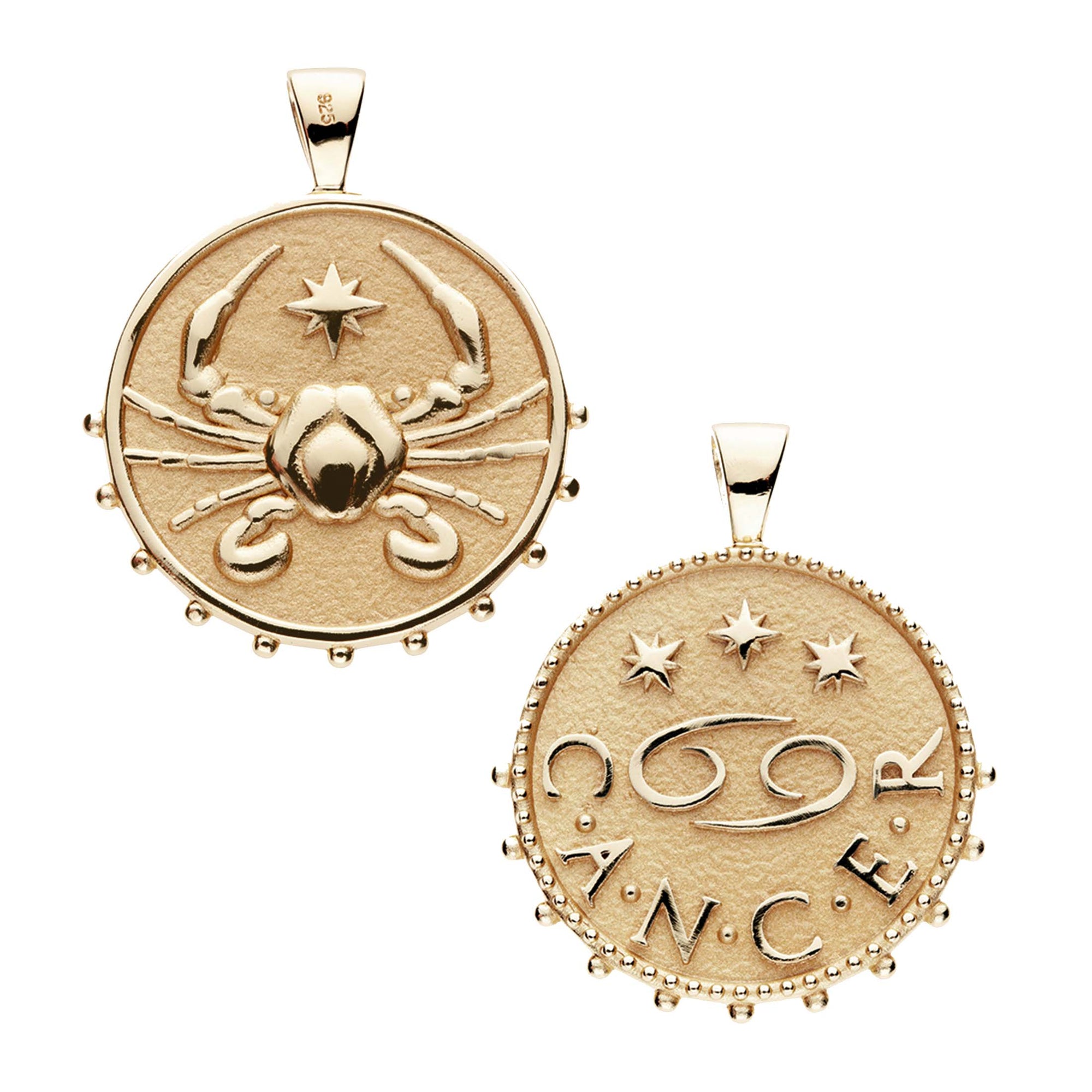 Gold original Cancer coin pendant features a crab with a star on one side and the Cancer symbol with "Cancer" written underneath on the other side
