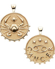 Gold original Cancer coin pendant features a crab with a star on one side and the Cancer symbol with "Cancer" written underneath on the other side