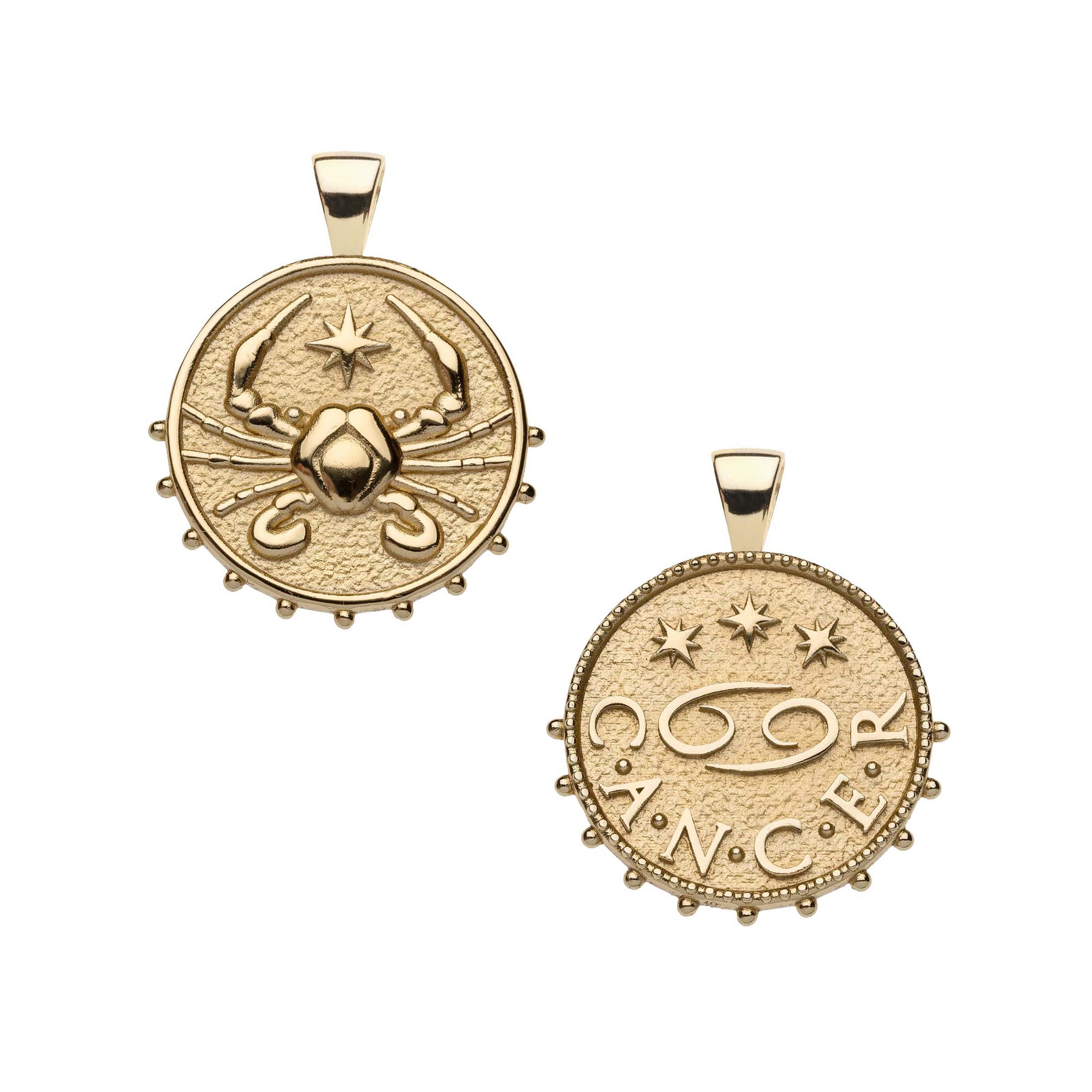 Gold small Cancer coin pendant features a crab with a star on one side and the Cancer symbol with "Cancer" written underneath on the other side