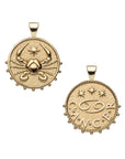 Gold small Cancer coin pendant features a crab with a star on one side and the Cancer symbol with "Cancer" written underneath on the other side