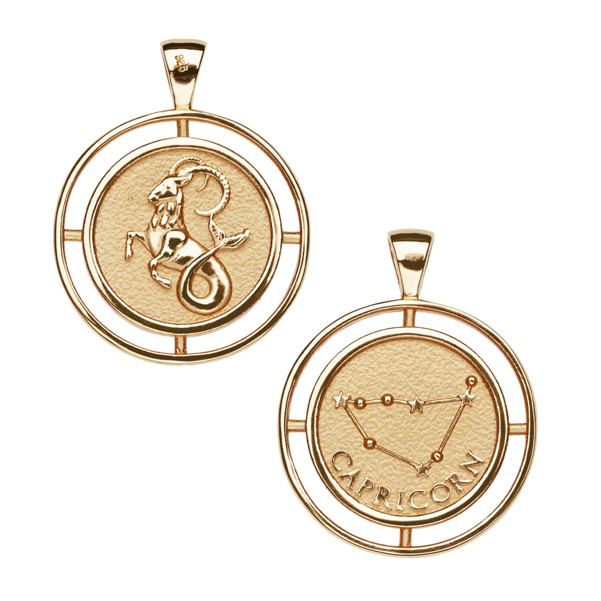 Gold coin pendant with sea goat on one side and Capricornus constellation with the word "Capricorn" on the other side