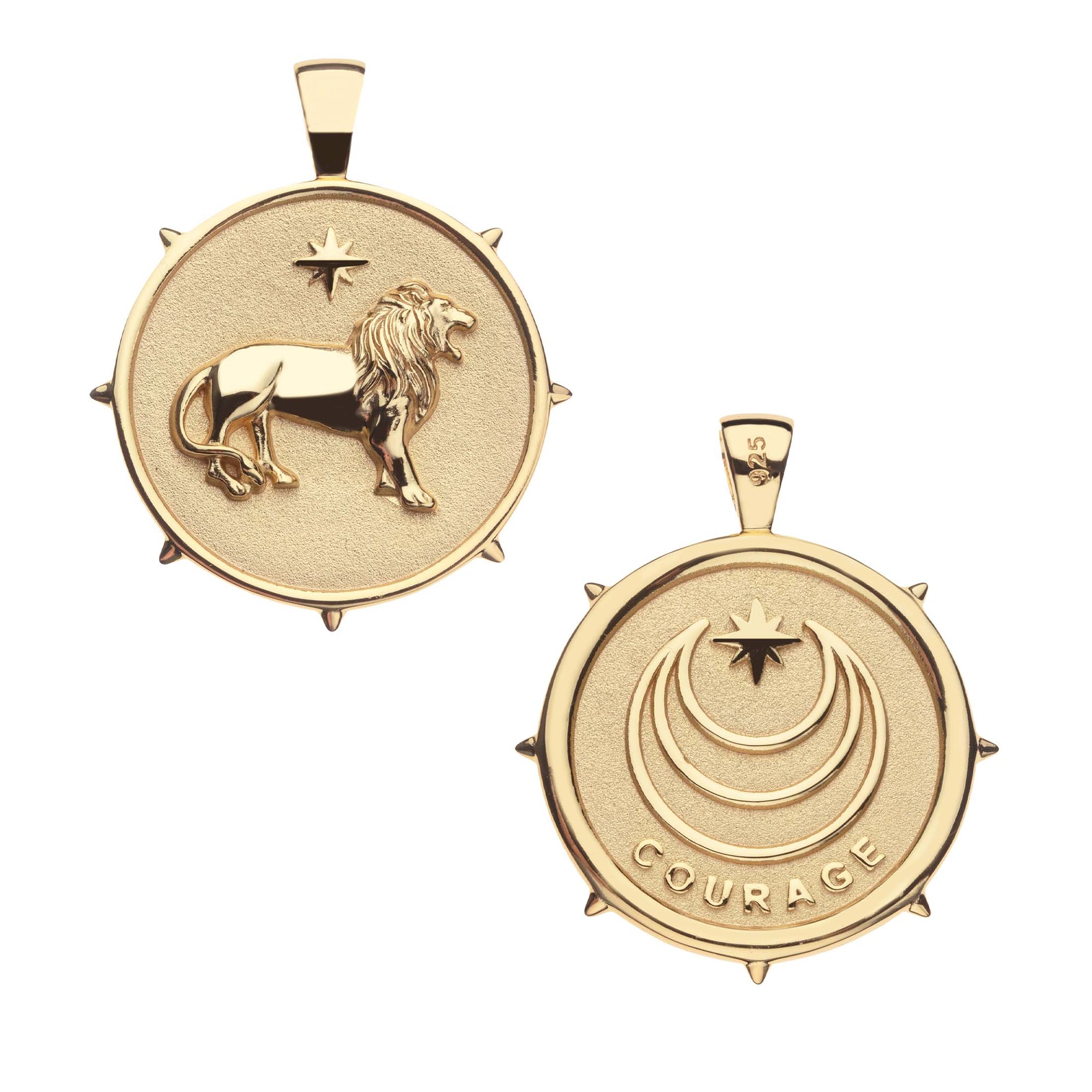 Gold Coin Pendant with Lion and star (front) Gold Coin Pendant with Jane Win moon and star logo and word COURAGE underneath (back)
