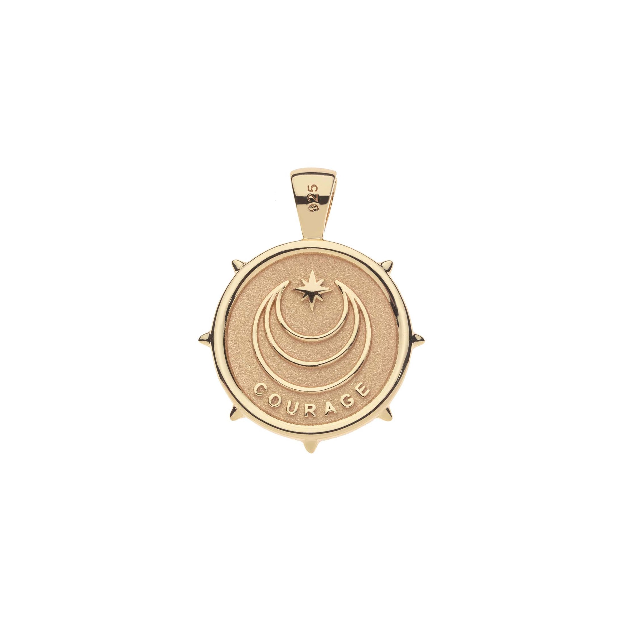 Gold Coin Pendant with  moon and star logo and word COURAGE underneath