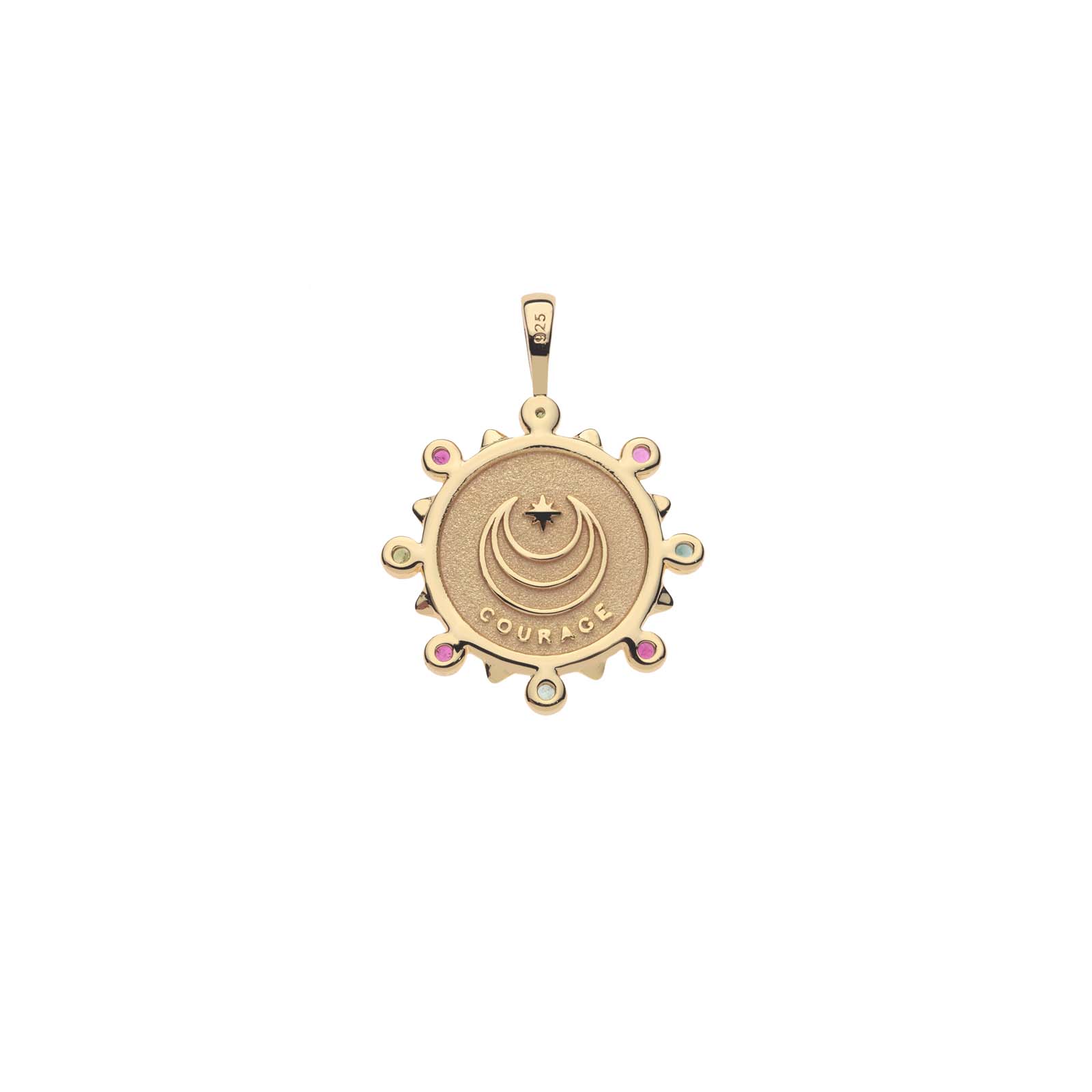 Gold coin pendant with Jane Win moon and star logo and the word "Courage" underneath