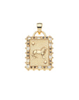 Gold playing card pendant features an embellished edge with smoky topaz and white topaz stones, diamonds suit, and lion in the center