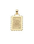 Back of playing card pendant features diamond suit, moon and star logo, and the word COURAGE