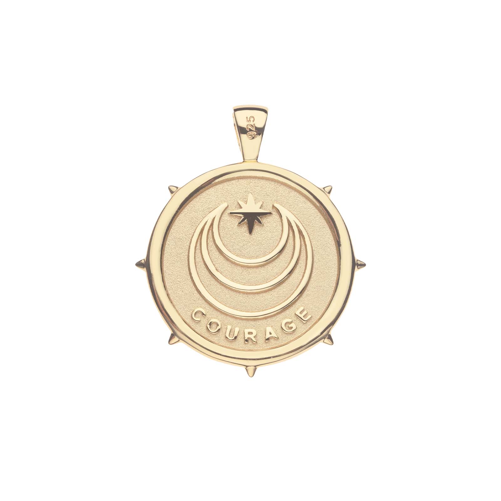 Gold Coin Pendant with Jane Win moon and star logo and word COURAGE underneath