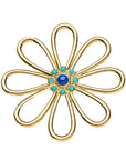 Gold daisy pendant features cutout petals and center of lapis with turquoise border