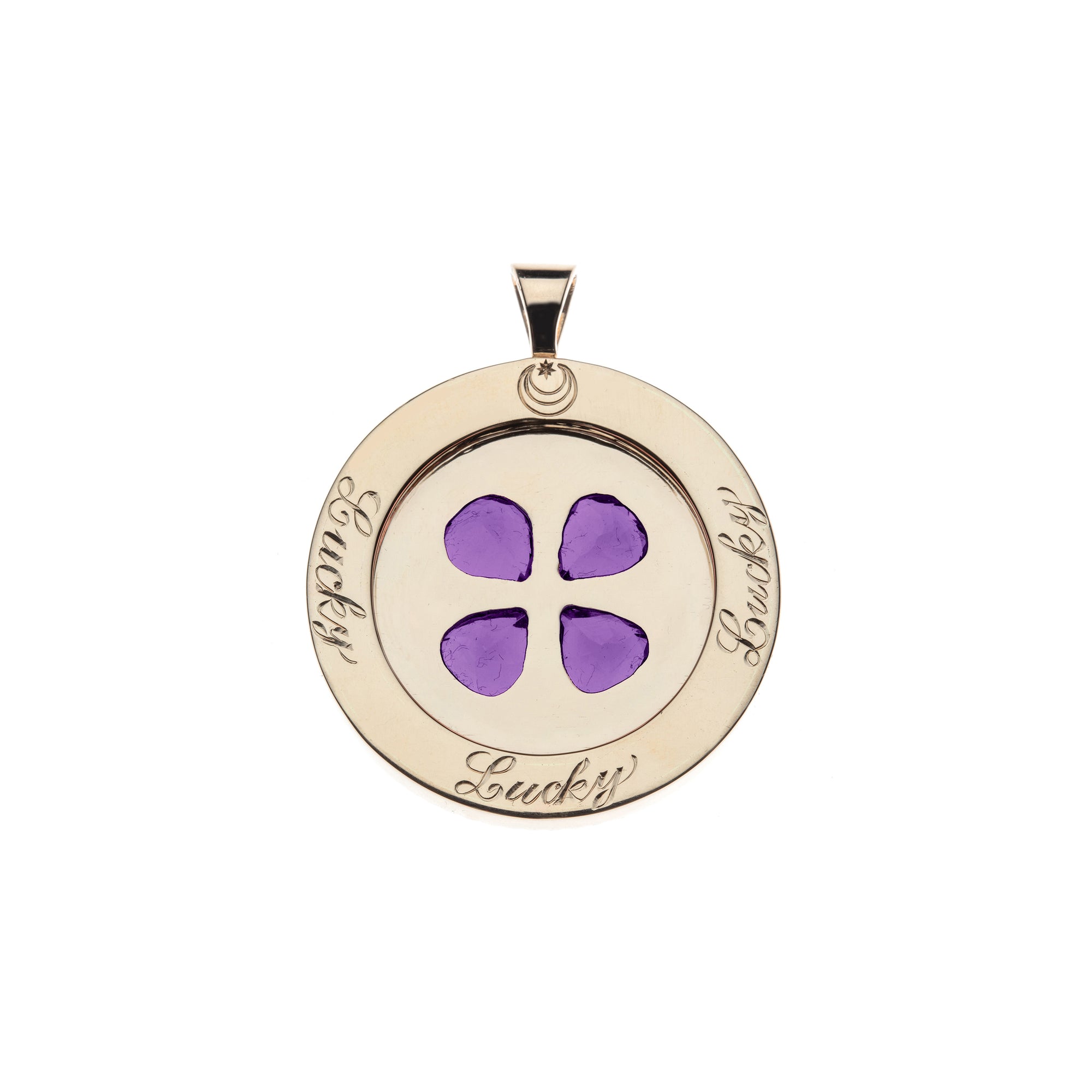 Gold coin pendant with "Lucky" written in script 3 times