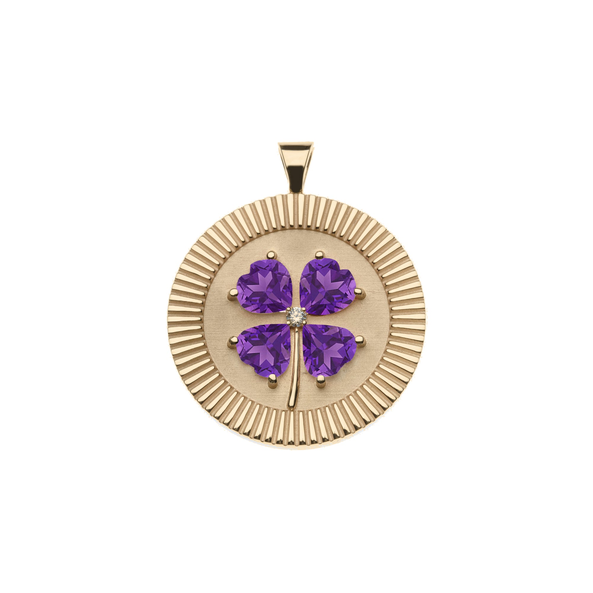 Gold coin pendant with 4 leaf clover made of amethyst stones