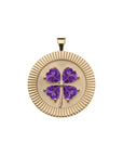 Gold coin pendant with 4 leaf clover made of amethyst stones