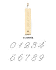 Back side of gold pendant with engraved numbers and font selection.