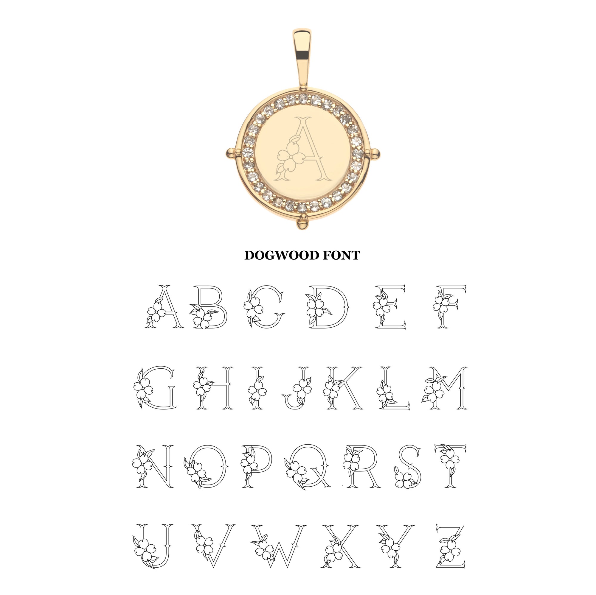Gold engravable petite coin with dogwood font option