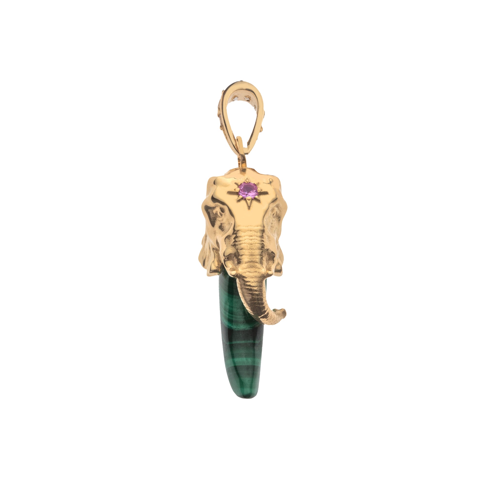 Side view of gold and malachite tusk shows elephant face featuring pink tourmaline detail
