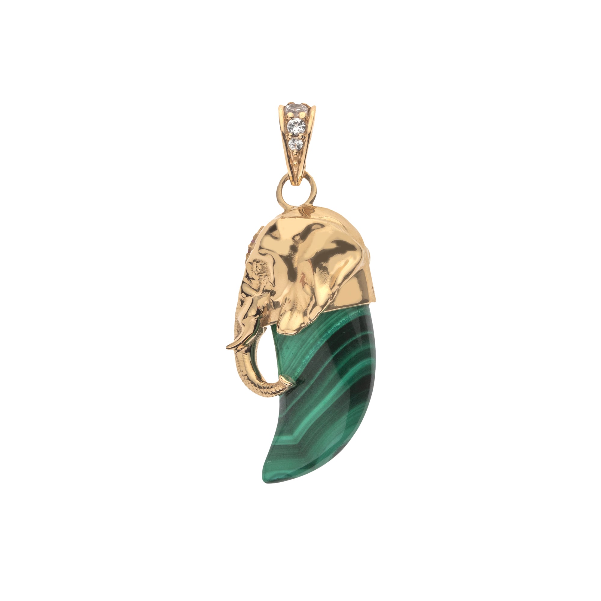 Malachite tusk with gold elephant head cap and bail accented with white sapphire stones