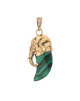 Malachite tusk with gold elephant head cap and bail accented with white sapphire stones