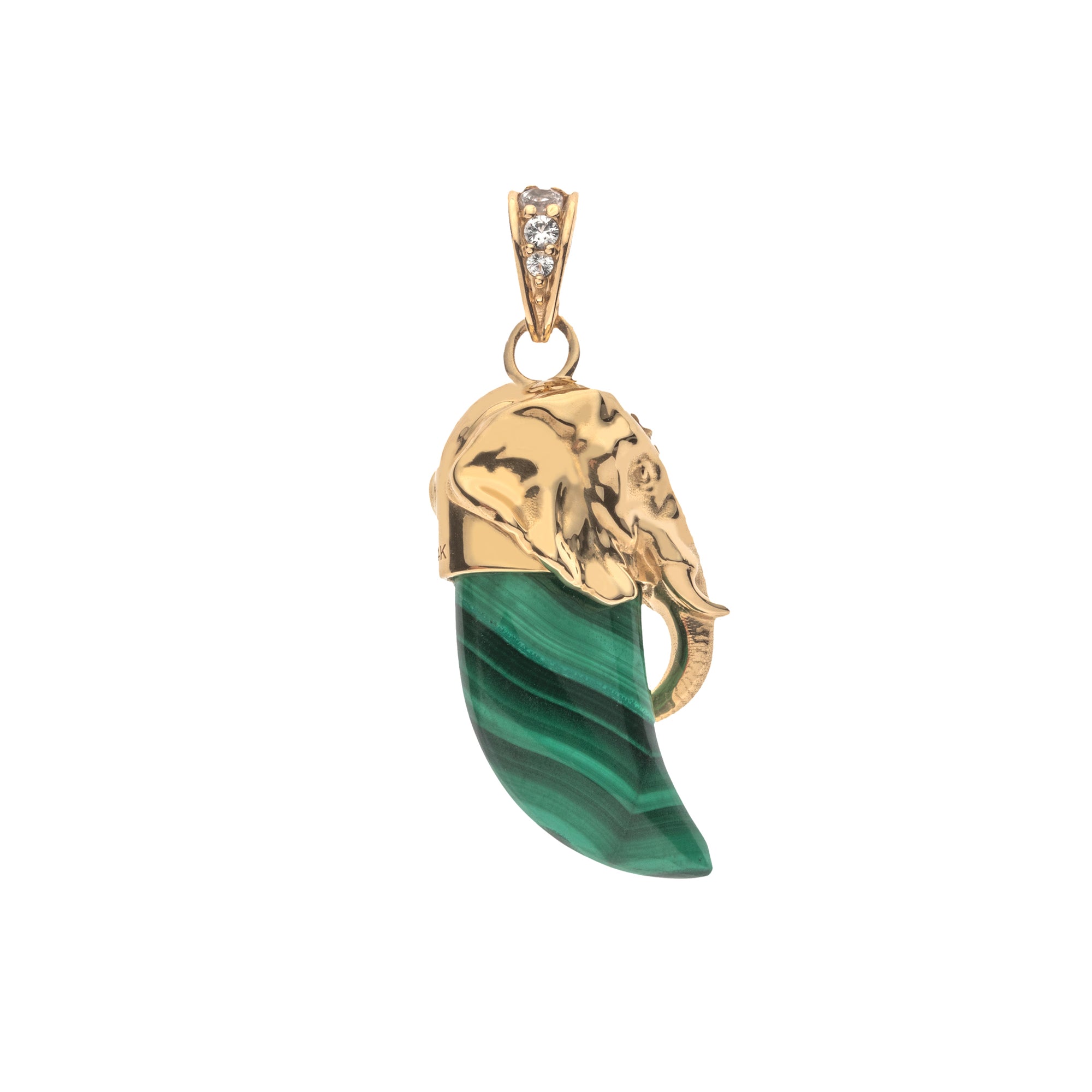 Back view of malachite tusk with gold elephant head