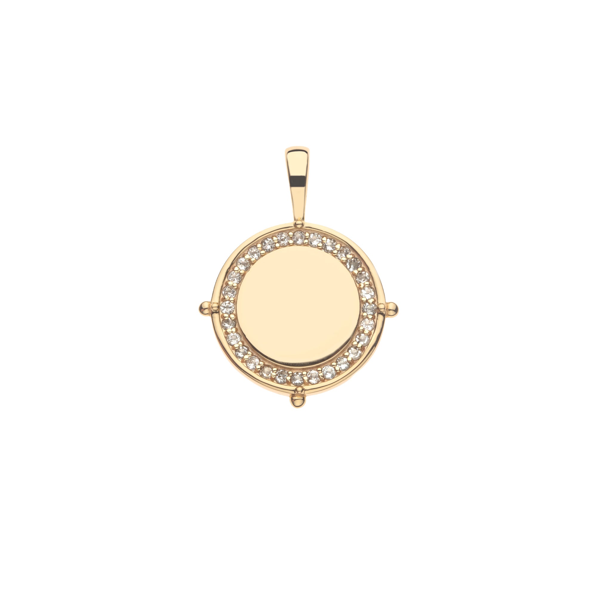Front of gold petite coin with white topaz edge detail