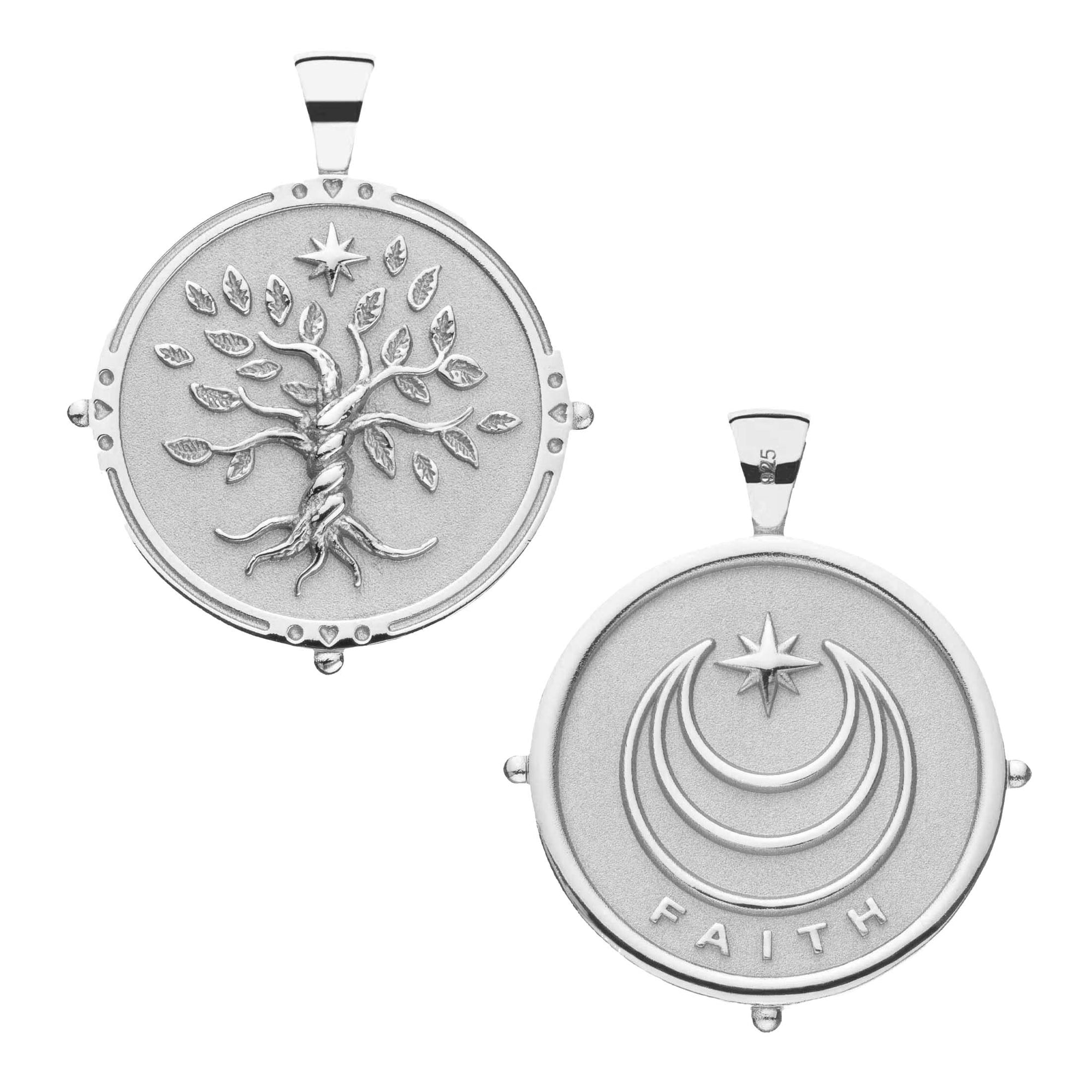 Silver Coin with Tree of Life (Front), Moon and Star Logo and FAITH underneath (Back)