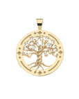 Gold cutout coin features tree of life with leaves of marquis cut White Sapphire stones. Coin border features star details.