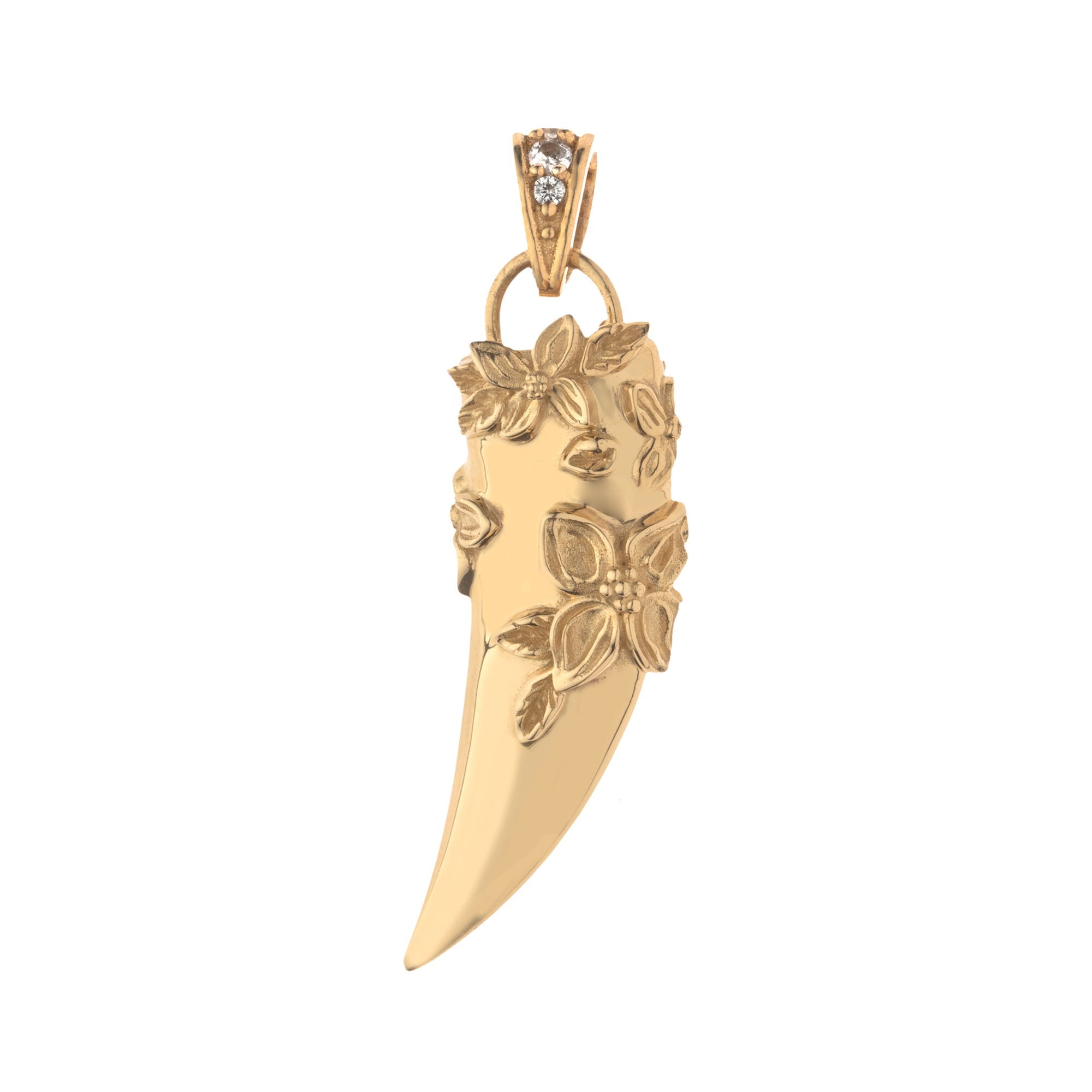 Gold tusk pendant featuring dogwood flowers and white sapphire details on the bail