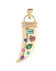 Gold tusk pendant with blue topaz, pink tourmaline, pink sapphire, green tourmaline, and amethyst stones in various shapes